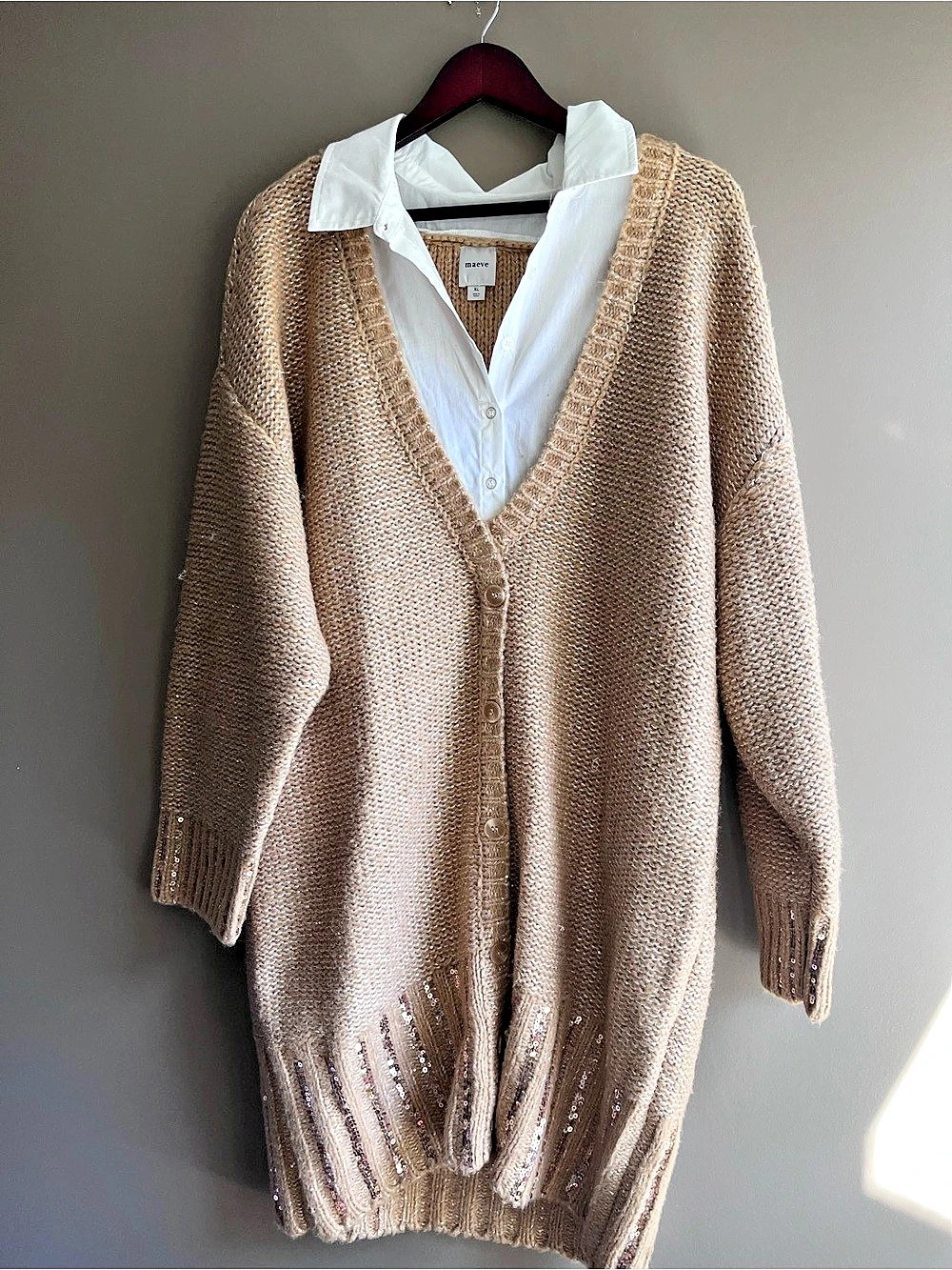 Anthropologie Maeve Layered Sparkle Cardigan Sweater Mini Dress XL Gold & White